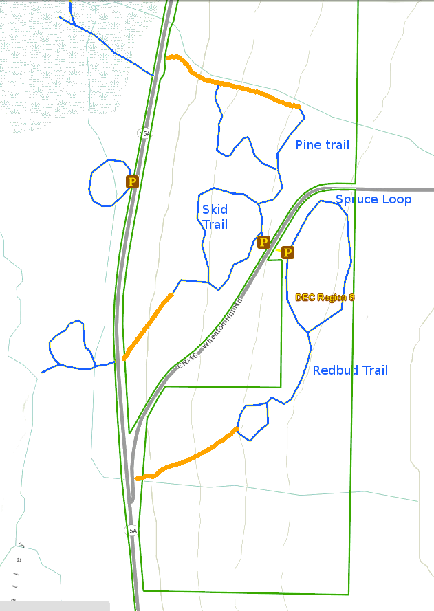 The four trails at Wheaton Hill.  Orange lines represent potential future trails in the Springwater Trail.